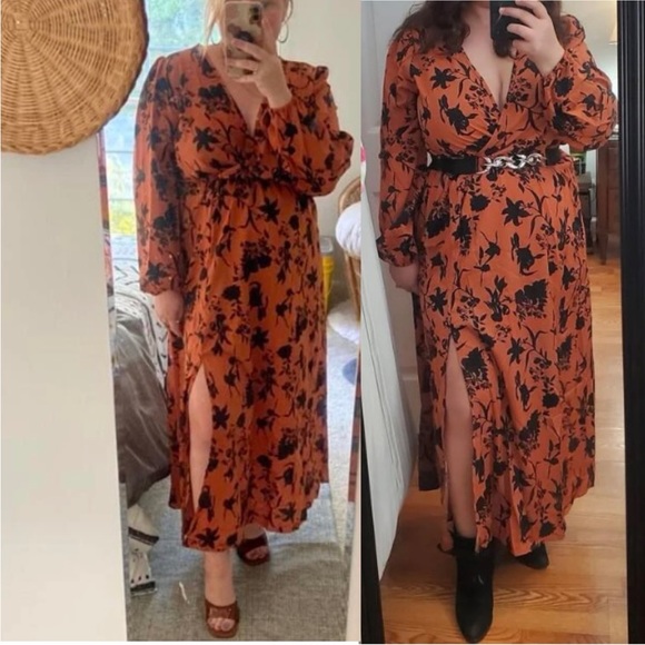 New Midi Floral Thigh Split Brown Orange Rust Color Mix Dress Surplice V Neck - Picture 13 of 16